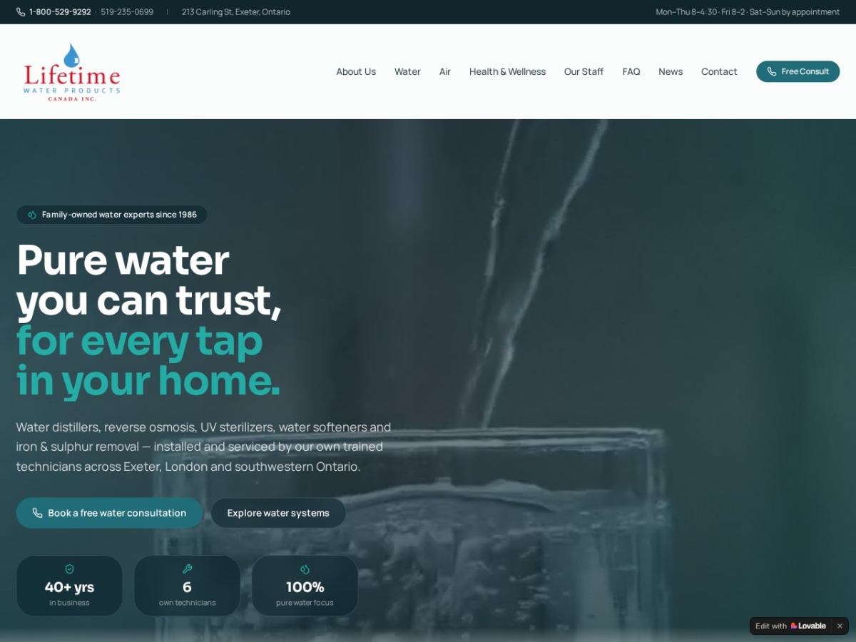 Lifetime Water Products Canada Inc. website screenshot